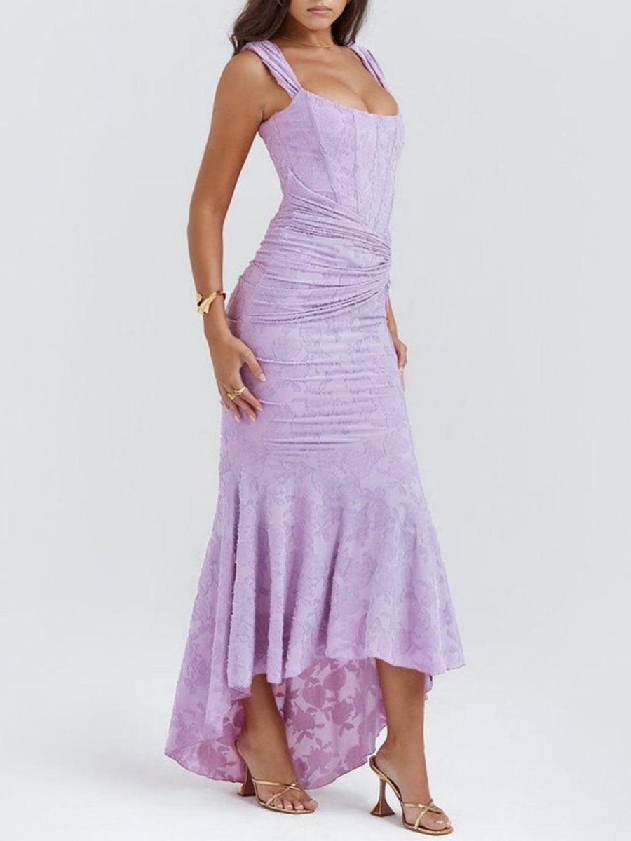 Mother of the Bride Dress Corset Lace Mermaid Midi Gown - Purple-2