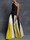 Mother of the Bride Dress One-Shoulder Color-Block Pleated Maxi Gown