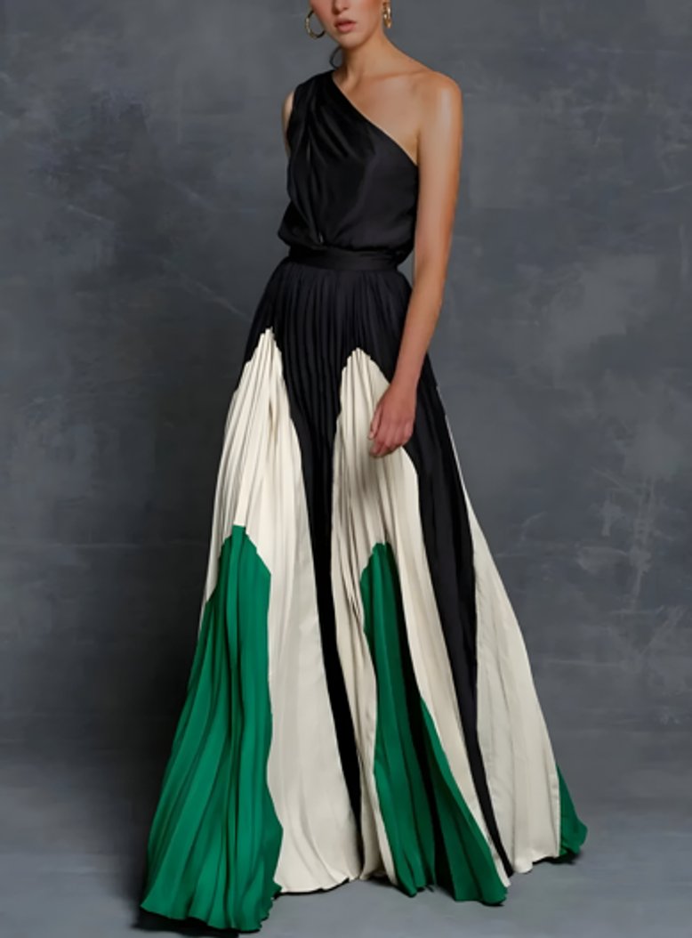 Mother of the Bride Dress One-Shoulder Color-Block Pleated Maxi Gown