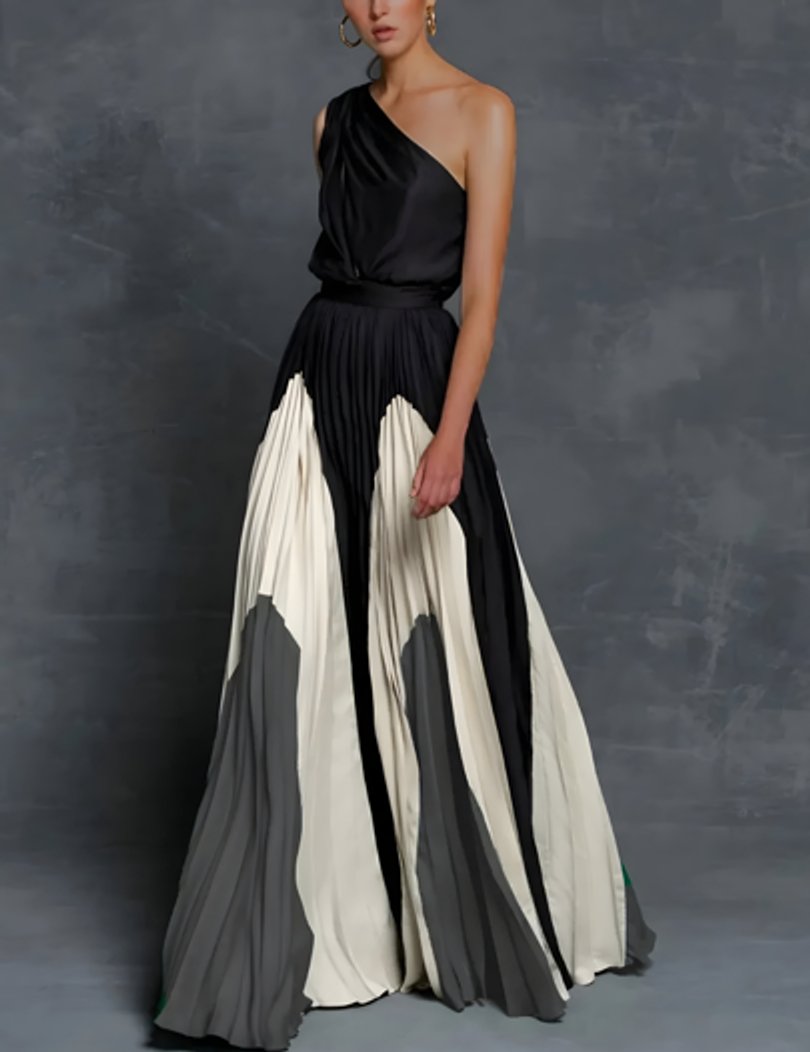 Mother of the Bride Dress One-Shoulder Color-Block Pleated Maxi Gown