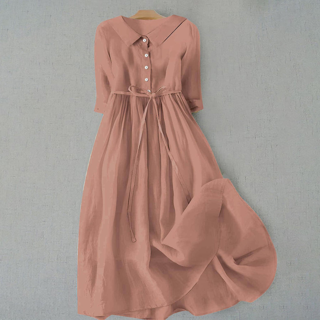 Shirt Dress Midi Length Button Front Belted Casual - Light Brown