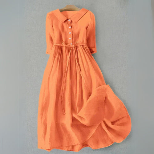 Shirt Dress Midi Length Button Front Belted Casual - Orange