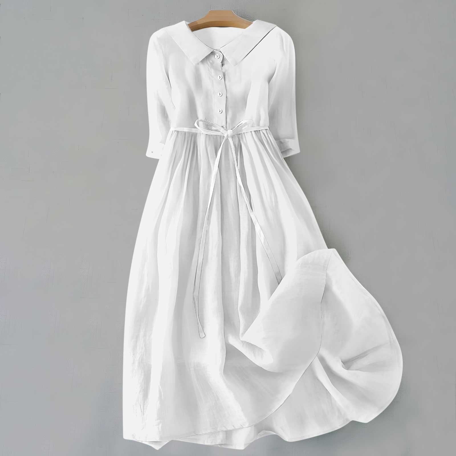 Shirt Dress Midi Length Button Front Belted Casual - White