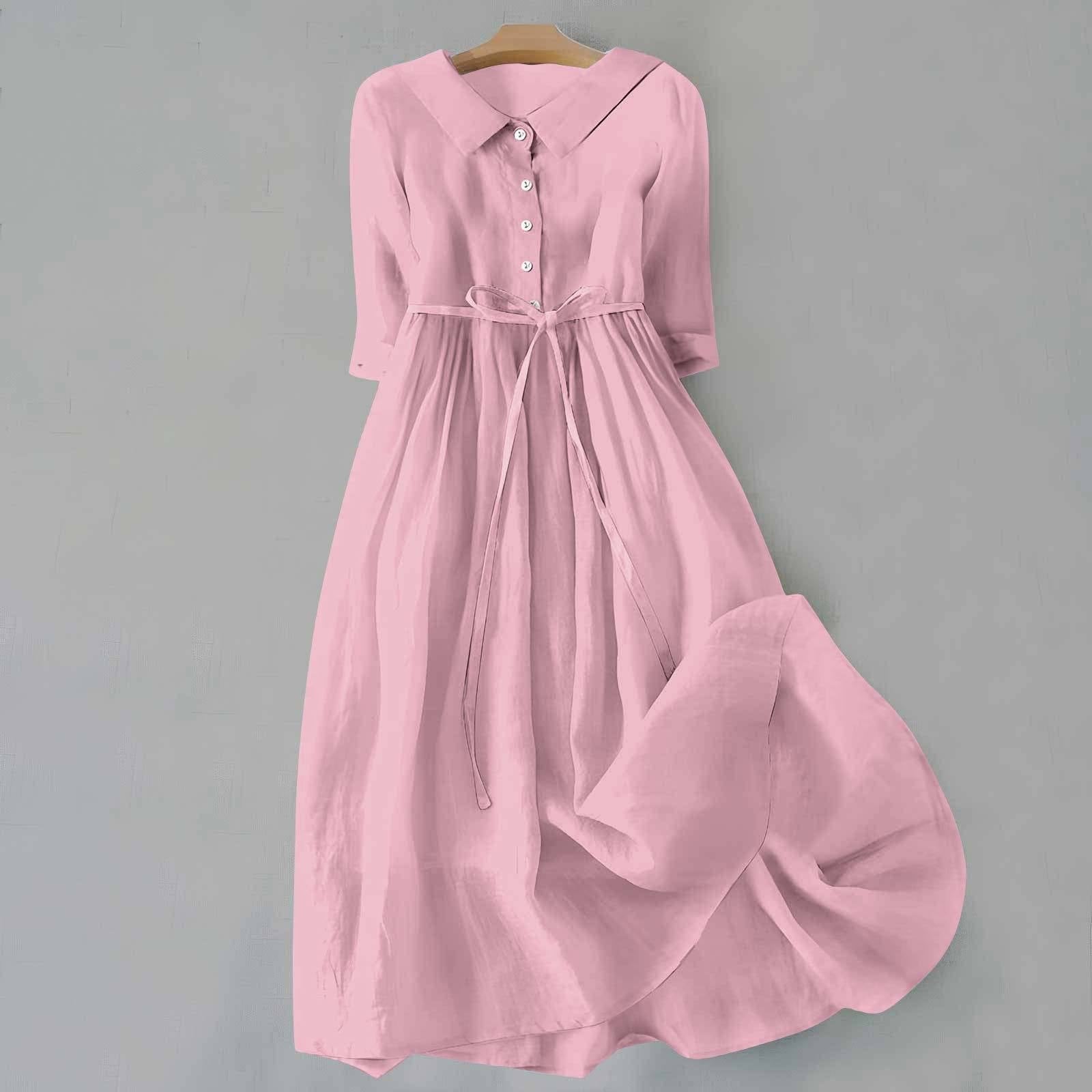 Shirt Dress Midi Length Button Front Belted Casual - Pink