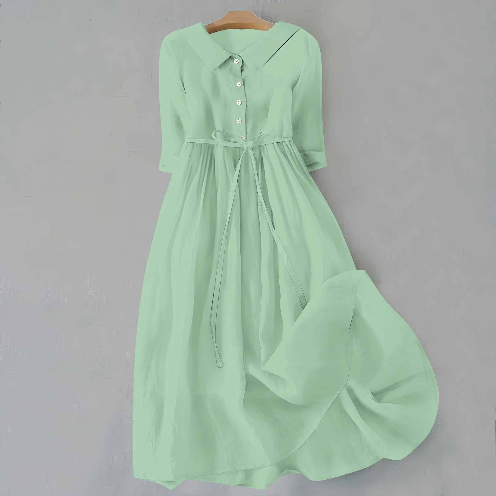Shirt Dress Midi Length Button Front Belted Casual - Light Green