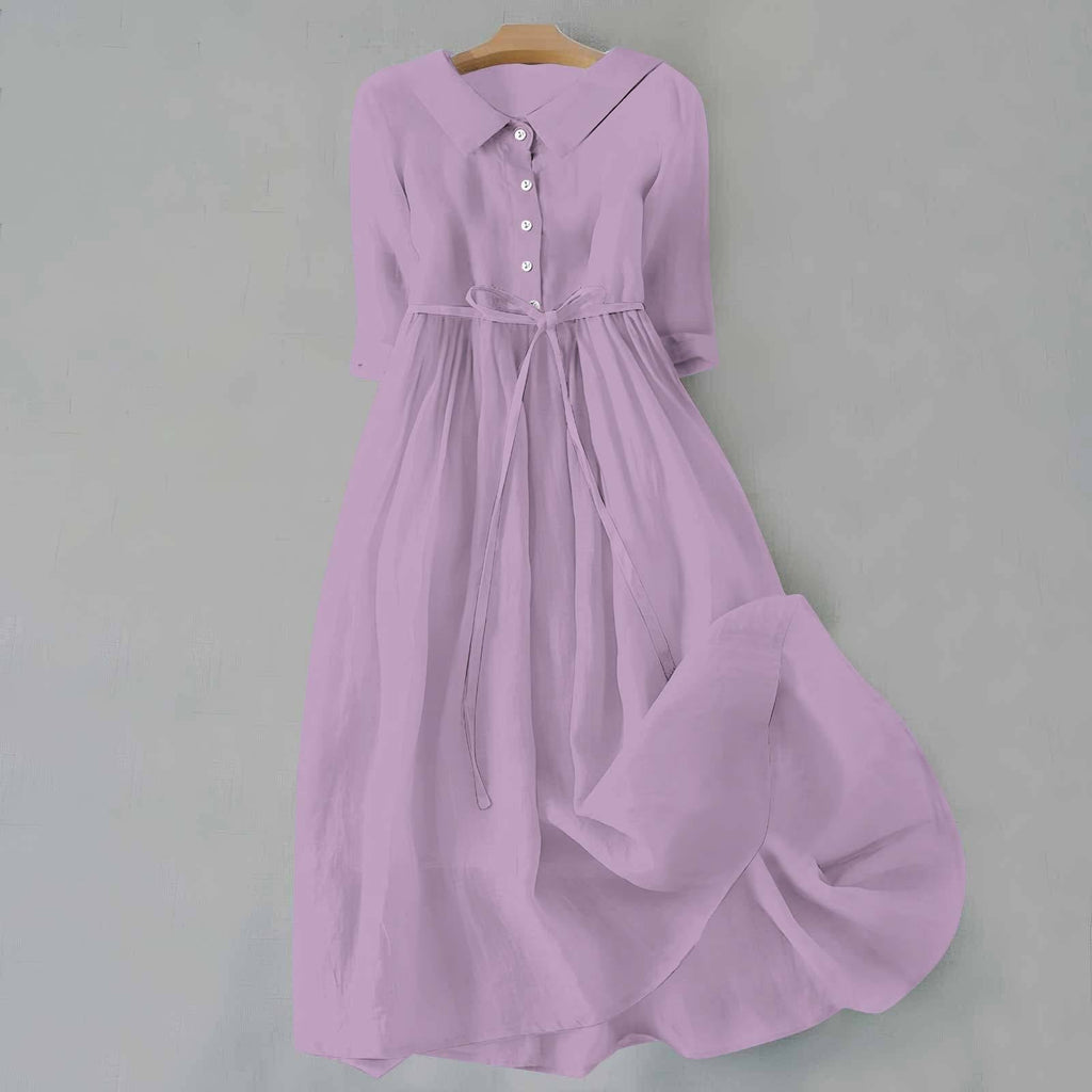 Shirt Dress Midi Length Button Front Belted Casual - Purple