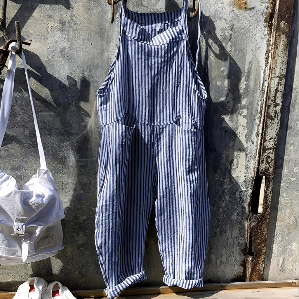 Unisex Vintage Striped Loose-Fit Adjustable Strap Overall - Blue