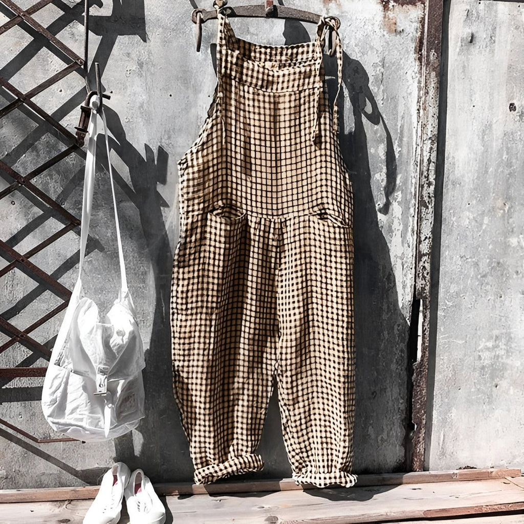 Unisex Vintage Striped Loose-Fit Adjustable Strap Overall - Brown