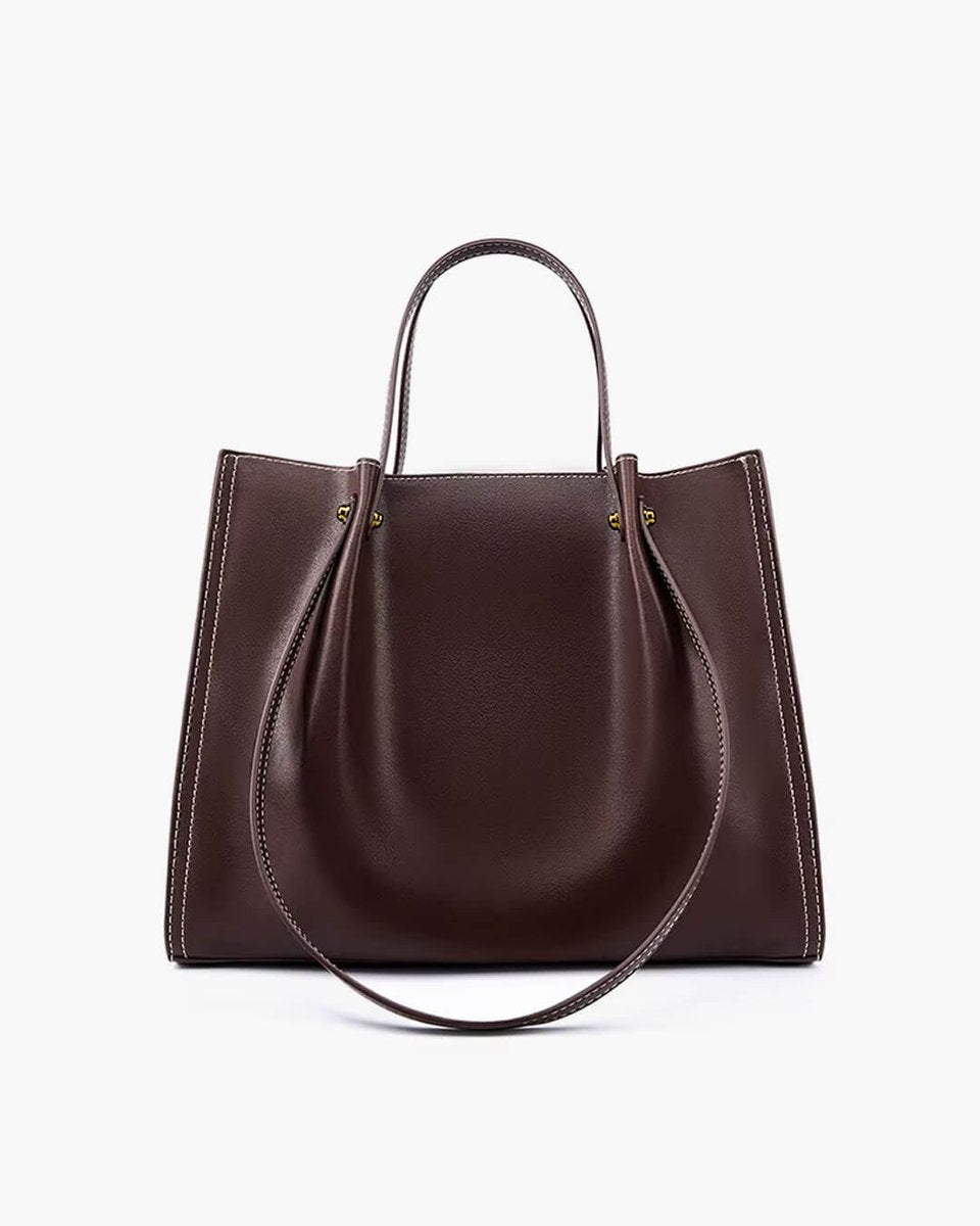 Vegan Leather Contrast-Stitch Structured Tote Bag