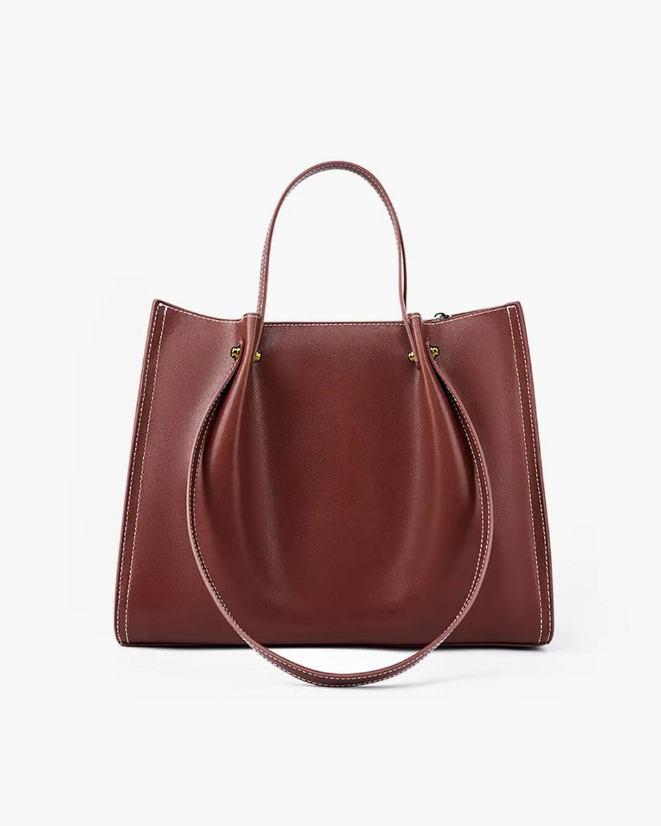 Vegan Leather Contrast-Stitch Structured Tote Bag - Brown
