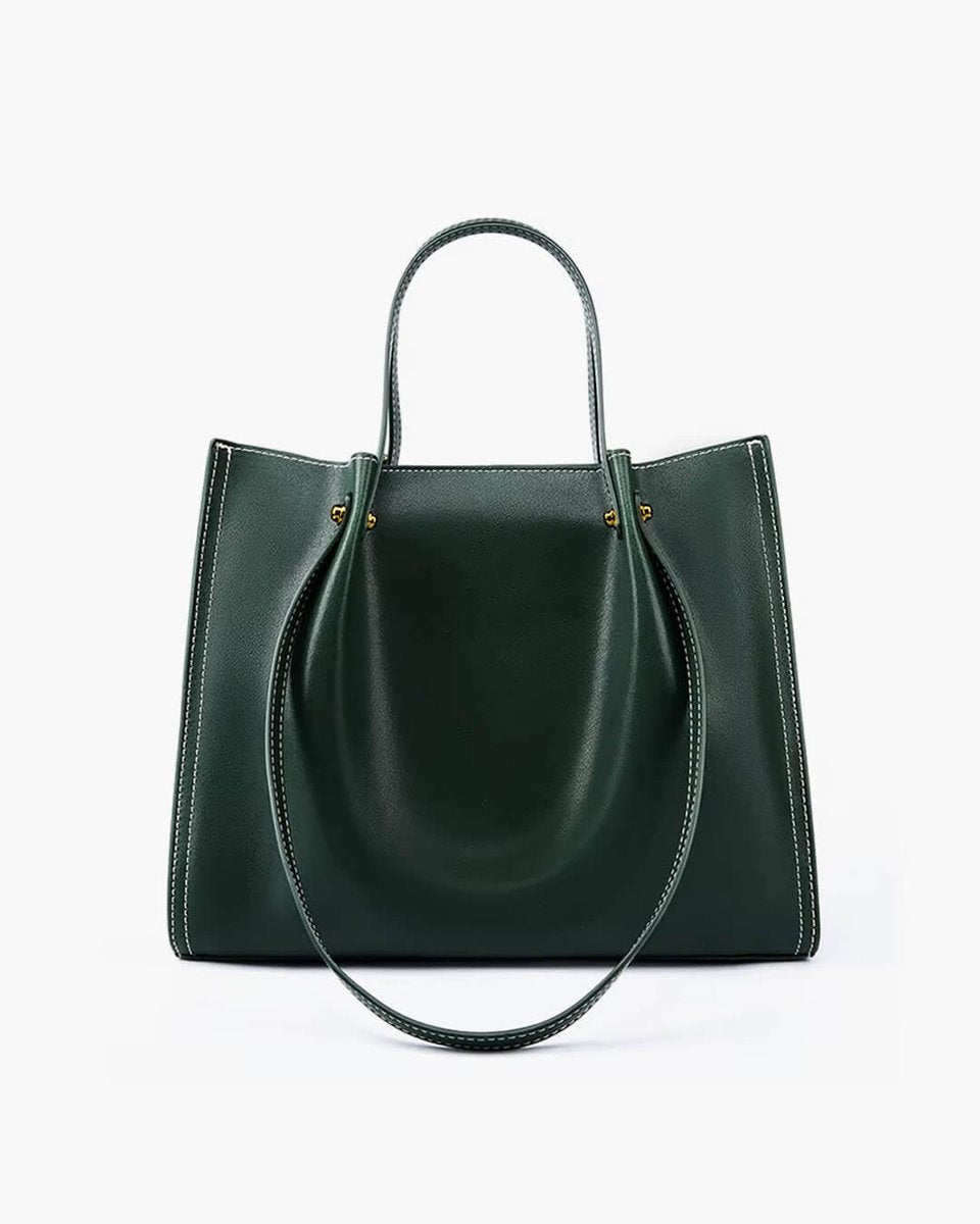 Vegan Leather Contrast-Stitch Structured Tote Bag - Green