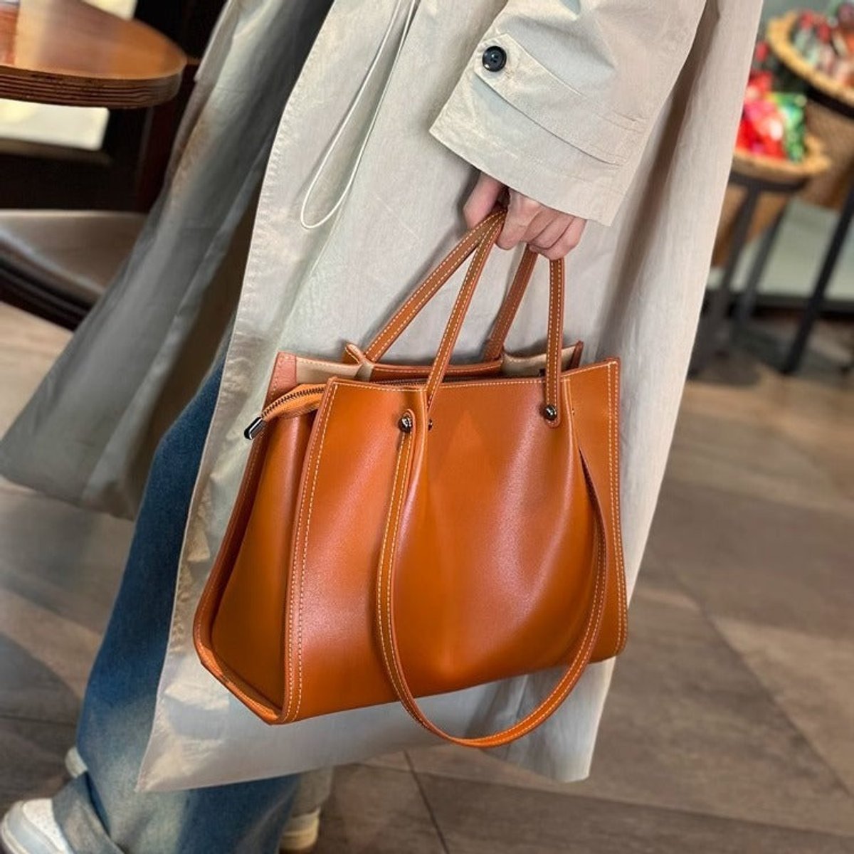 Vegan Leather Contrast-Stitch Structured Tote Bag - Sunset Yellow