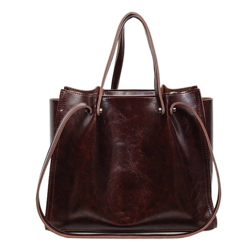 Vegan Leather Contrast-Stitch Structured Tote Bag - Maroon