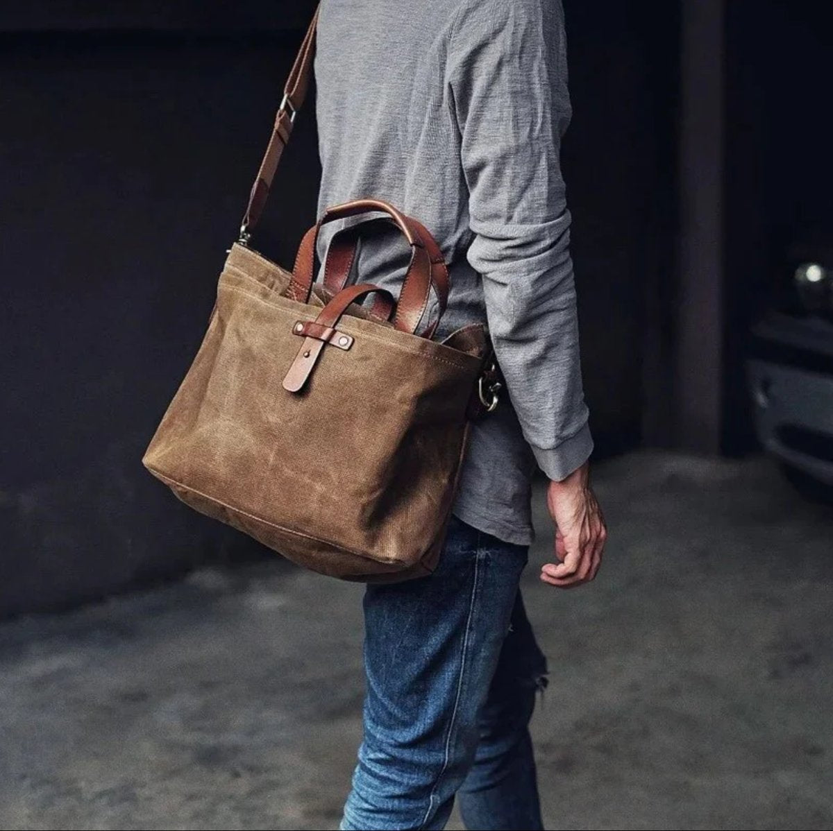 Waxed Canvas Tote Bag Leather-Trim Waterproof Crossbody Shoulder Bag