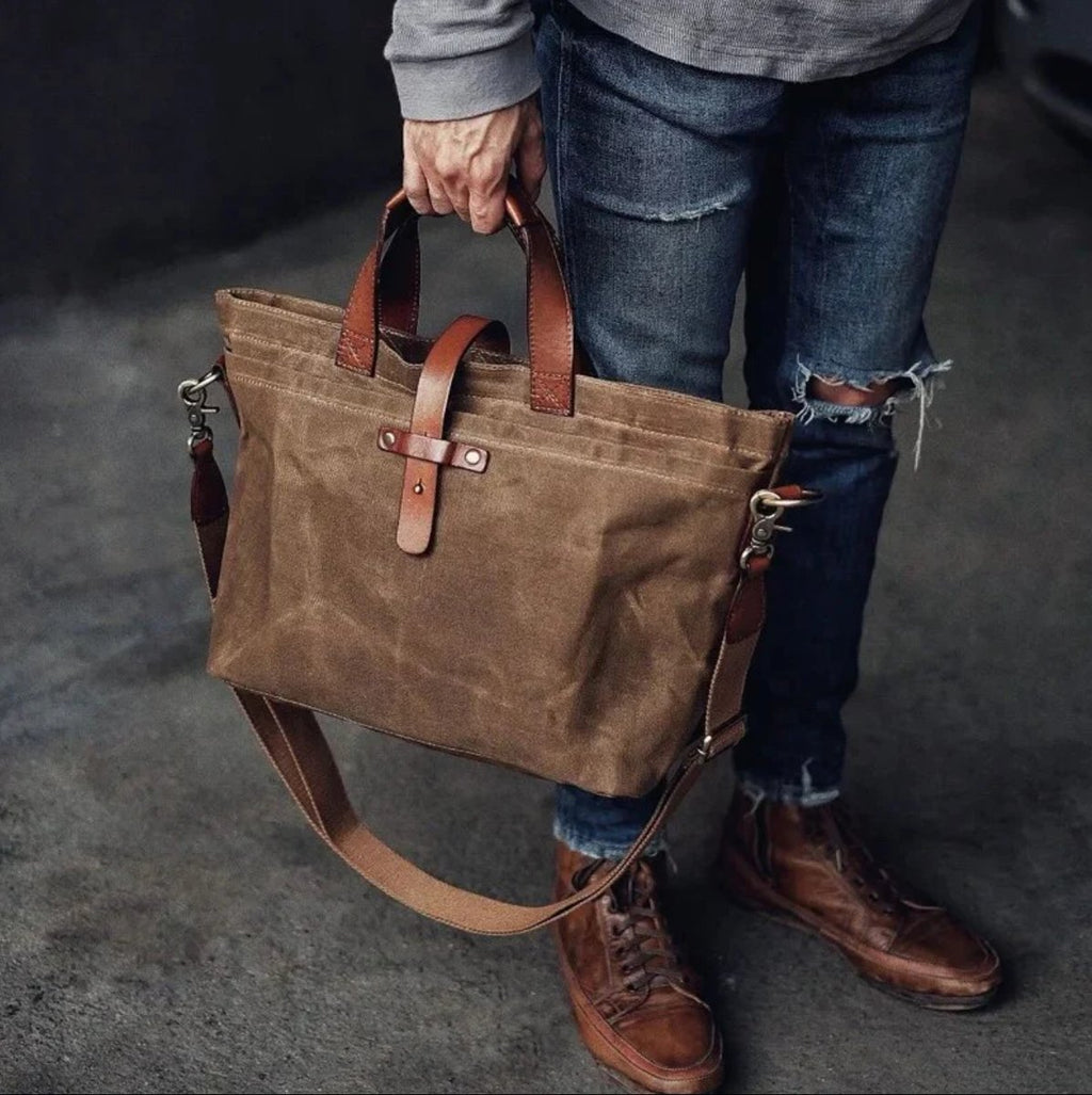 Waxed Canvas Tote Bag Leather-Trim Waterproof Crossbody Shoulder Bag