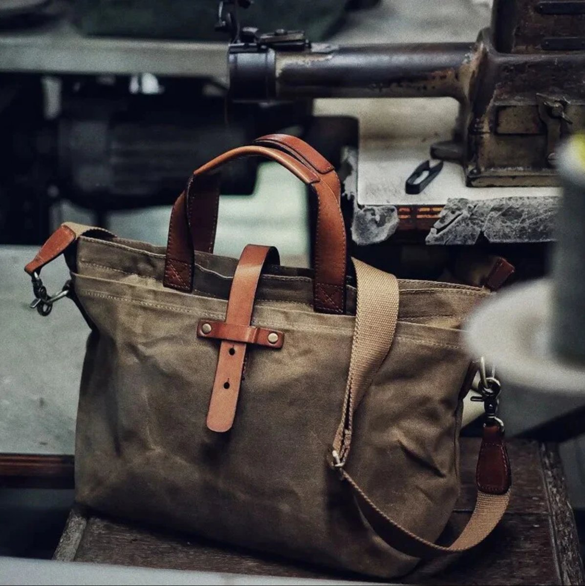 Waxed Canvas Tote Bag Leather-Trim Waterproof Crossbody Shoulder Bag