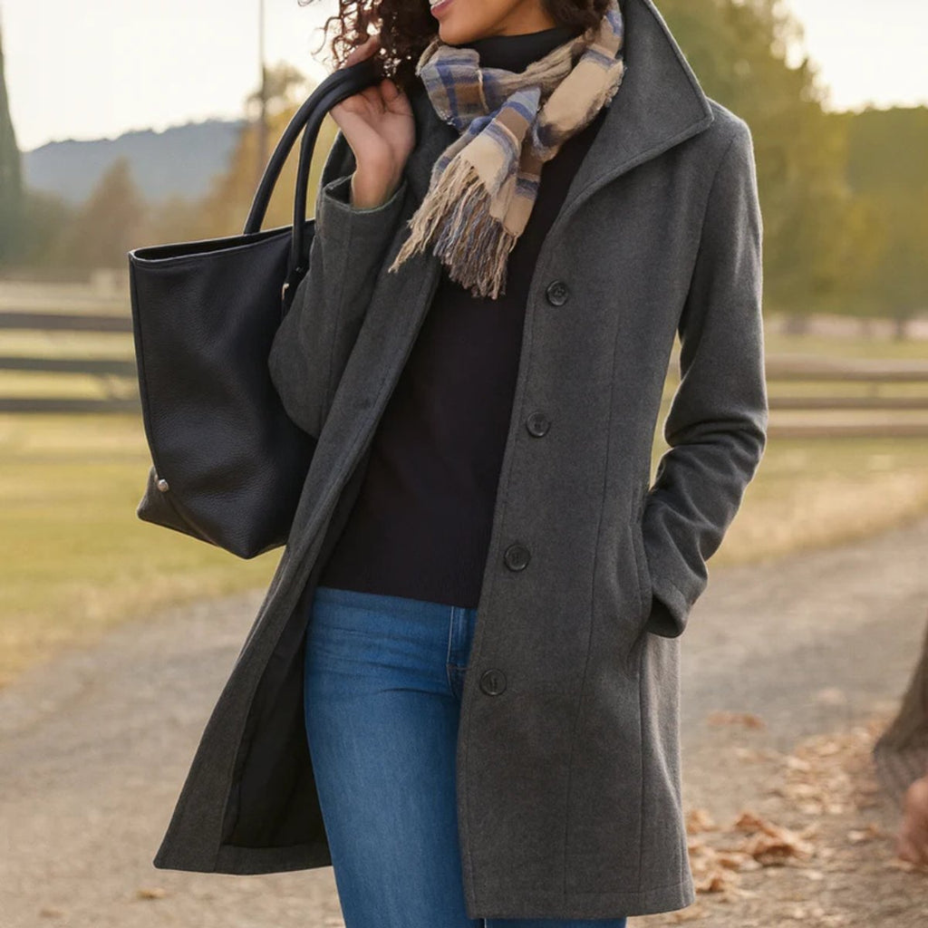 Women Coat Mid-Length Single-Breasted Button-Front Wool-Blend - Gray