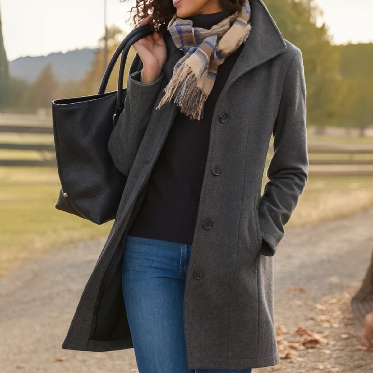 Women Coat Mid-Length Single-Breasted Button-Front Wool-Blend - Gray