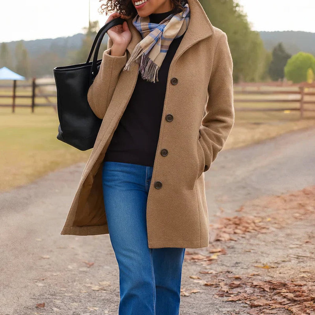 Women Coat Mid-Length Single-Breasted Button-Front Wool-Blend - Khaki
