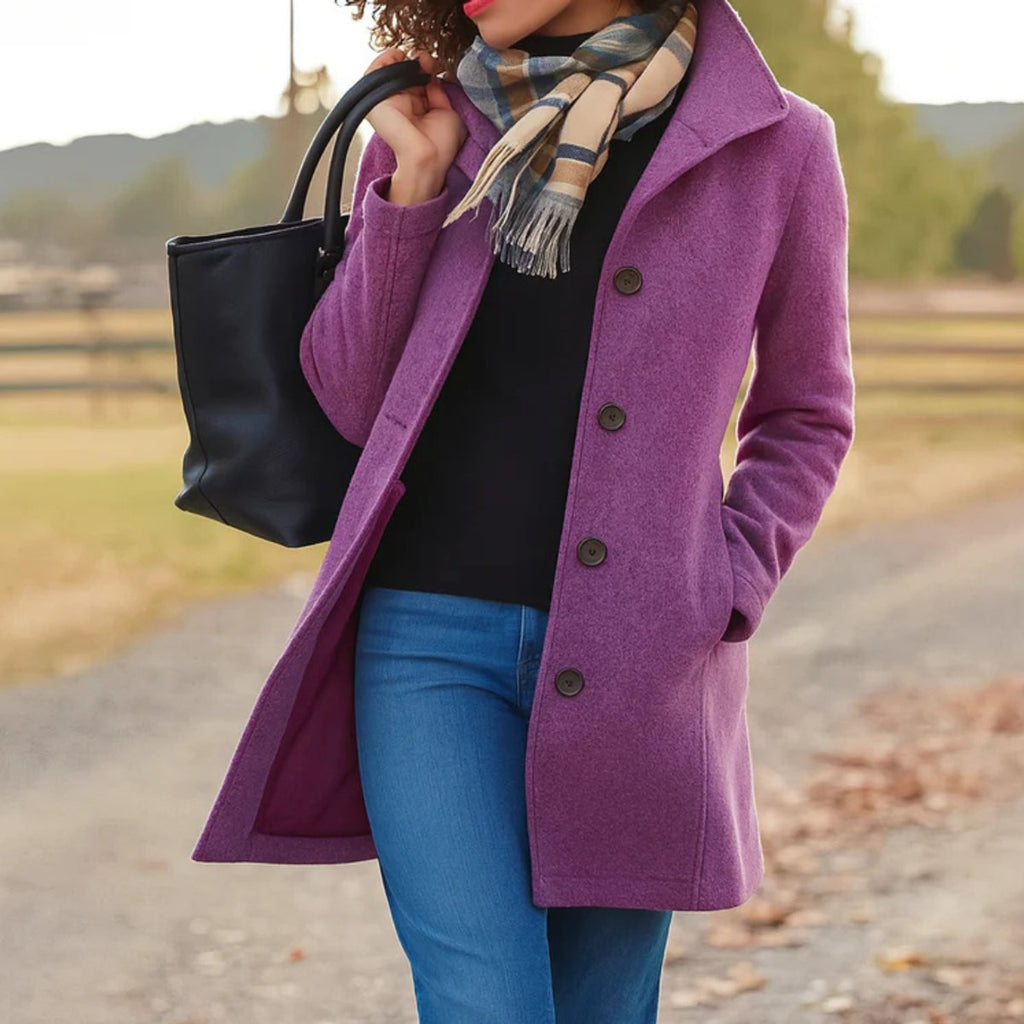 Women Coat Mid-Length Single-Breasted Button-Front Wool-Blend - Purple