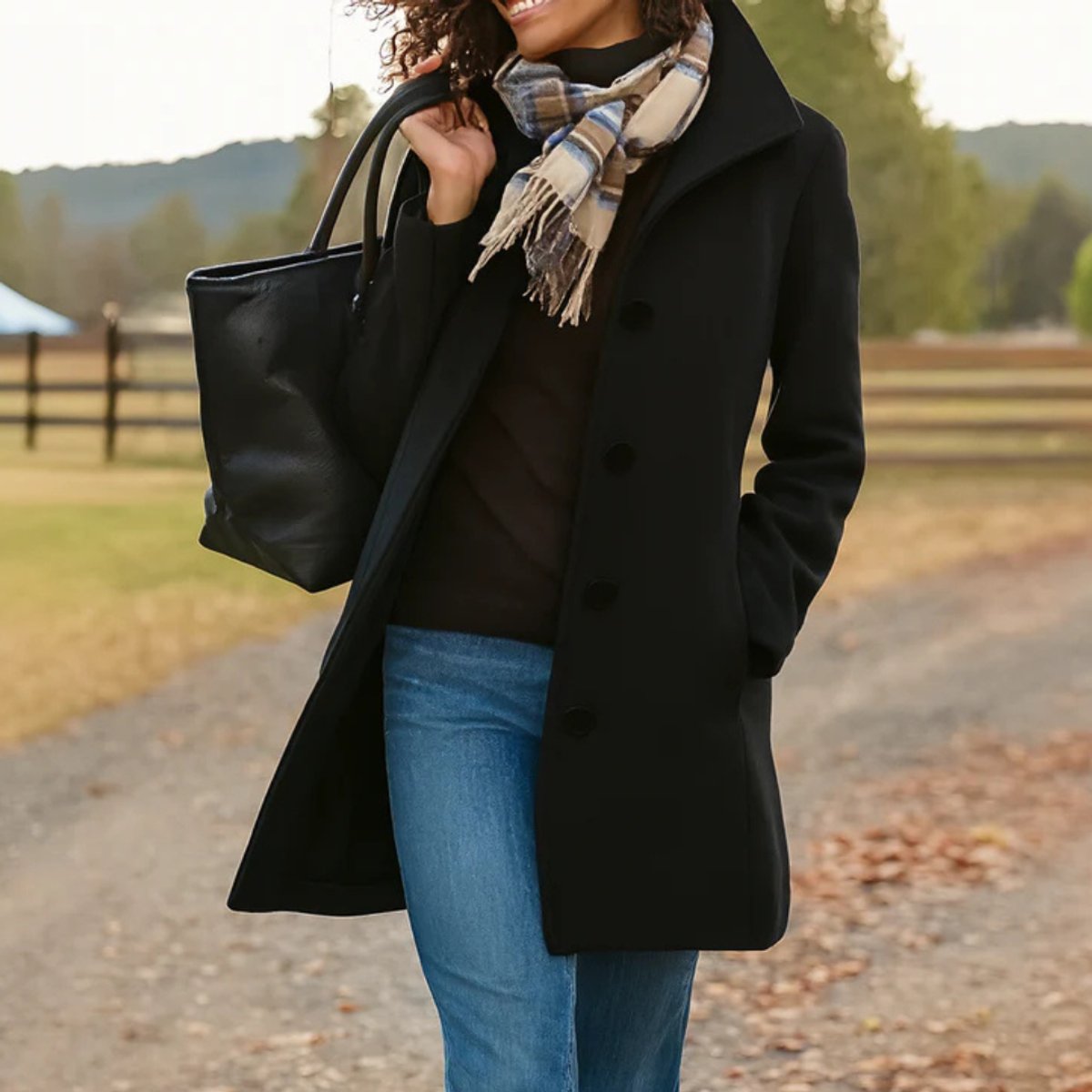 Women Coat Mid-Length Single-Breasted Button-Front Wool-Blend - Black