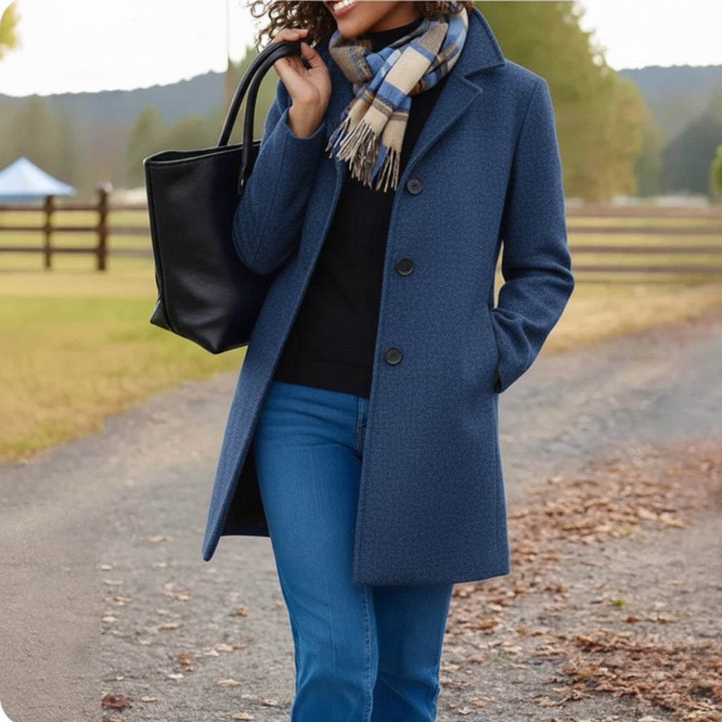 Women Coat Mid-Length Single-Breasted Button-Front Wool-Blend - Blue