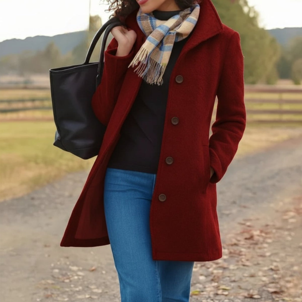 Women Coat Mid-Length Single-Breasted Button-Front Wool-Blend - Red