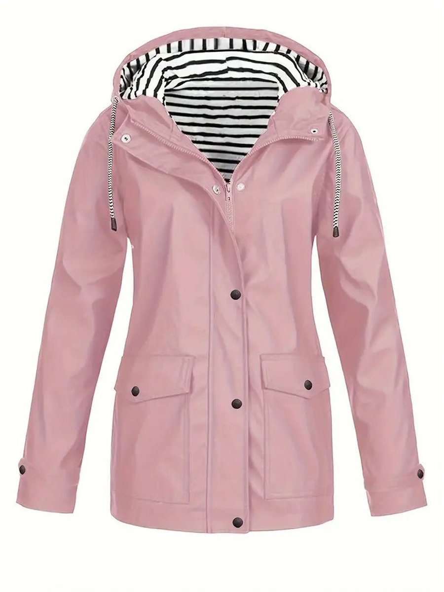 Women Coat Striped Lined Hooded Zip Raincoat - Pink