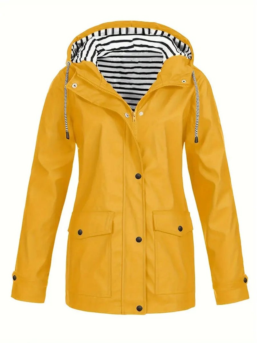 Women Coat Striped Lined Hooded Zip Raincoat - Yellow