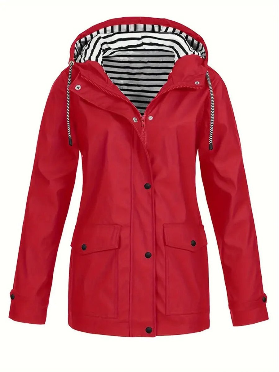 Women Coat Striped Lined Hooded Zip Raincoat - Red