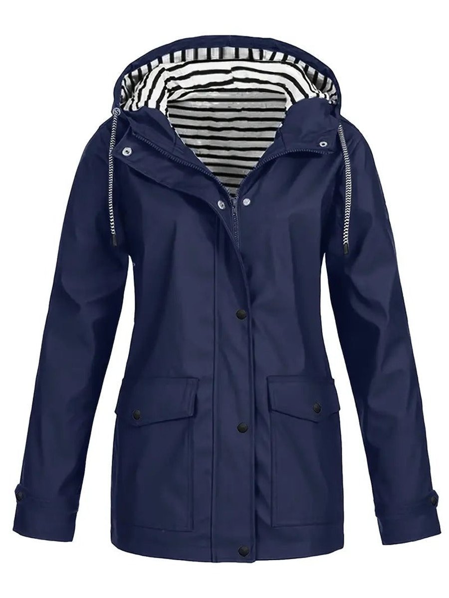 Women Coat Striped Lined Hooded Zip Raincoat - Navy Blue