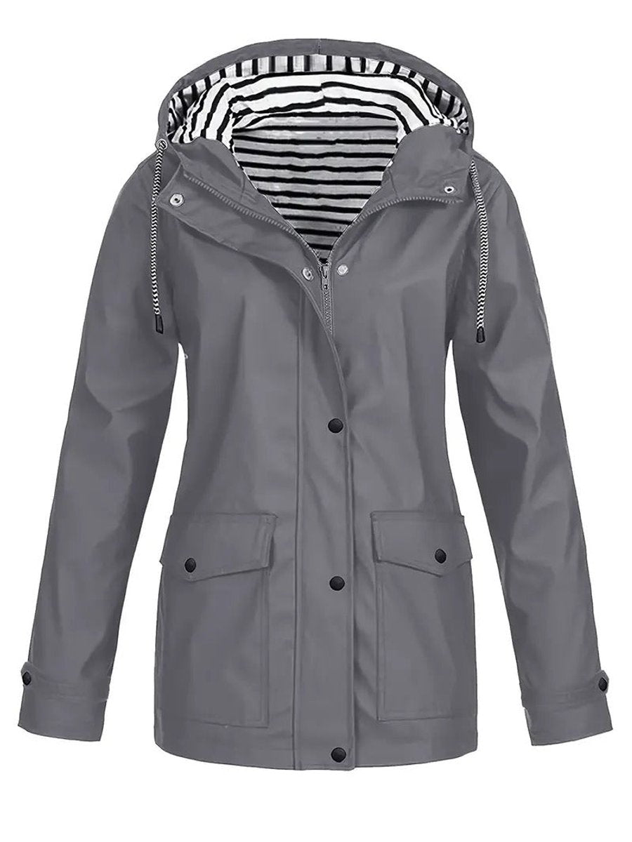 Women Coat Striped Lined Hooded Zip Raincoat - Gray