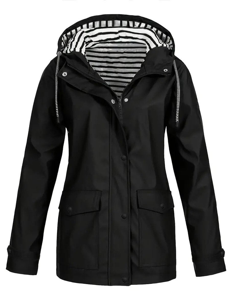 Women Coat Striped Lined Hooded Zip Raincoat - Black
