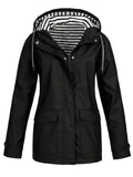 Women Coat Striped Lined Hooded Zip Raincoat - Black