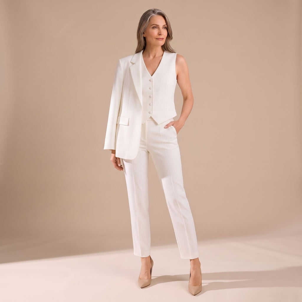 Women's 3 Piece Matching Set Tailored Blazer Vest Pants - White