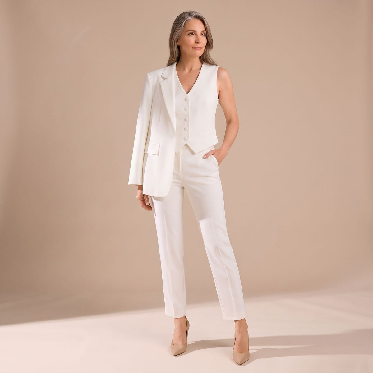 Women's 3 Piece Matching Set Tailored Blazer Vest Pants - White