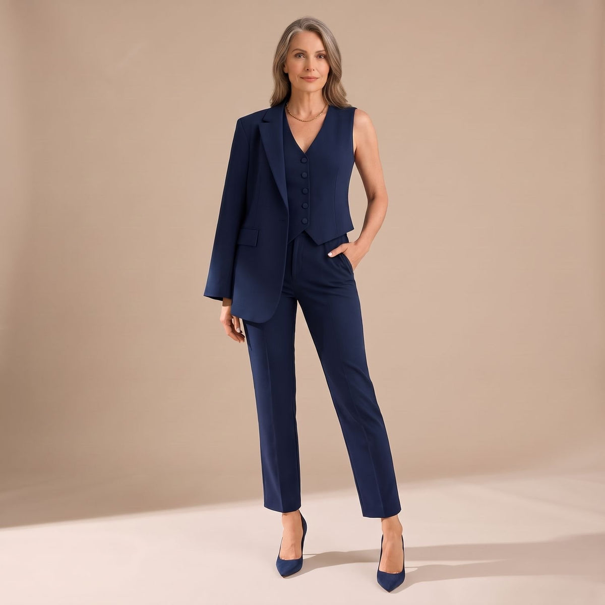 Women's 3 Piece Matching Set Tailored Blazer Vest Pants - Caramel