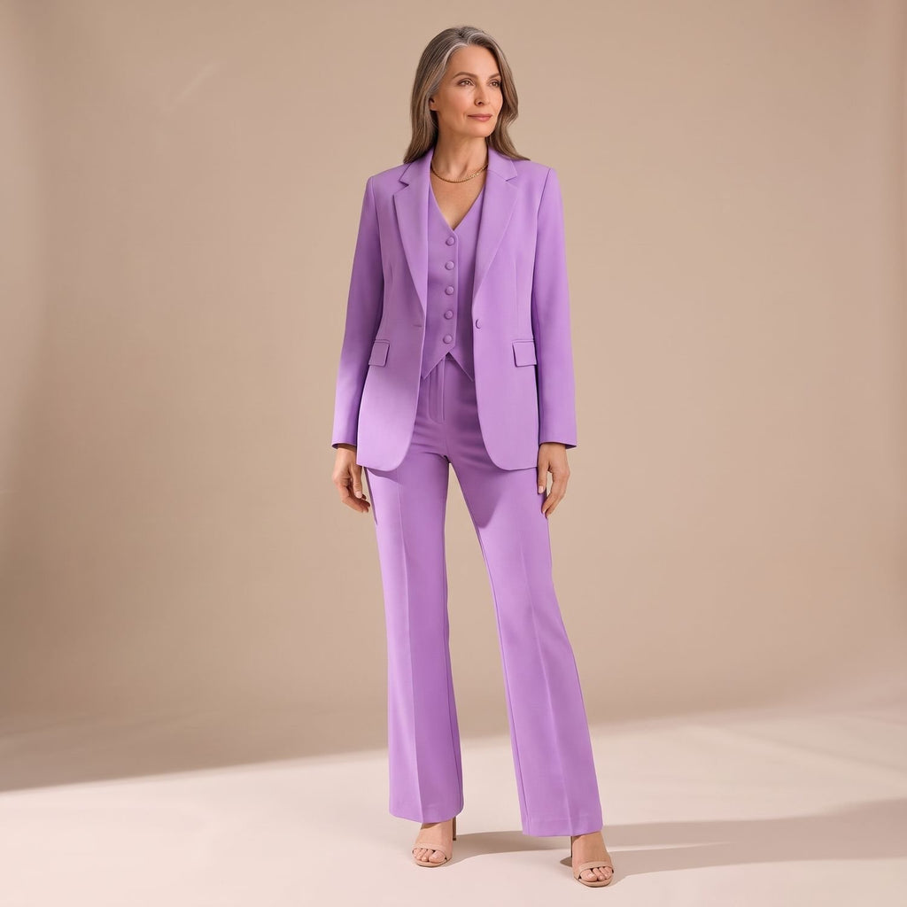 Women's 3 Piece Matching Set Tailored Blazer Vest Pants - Purple