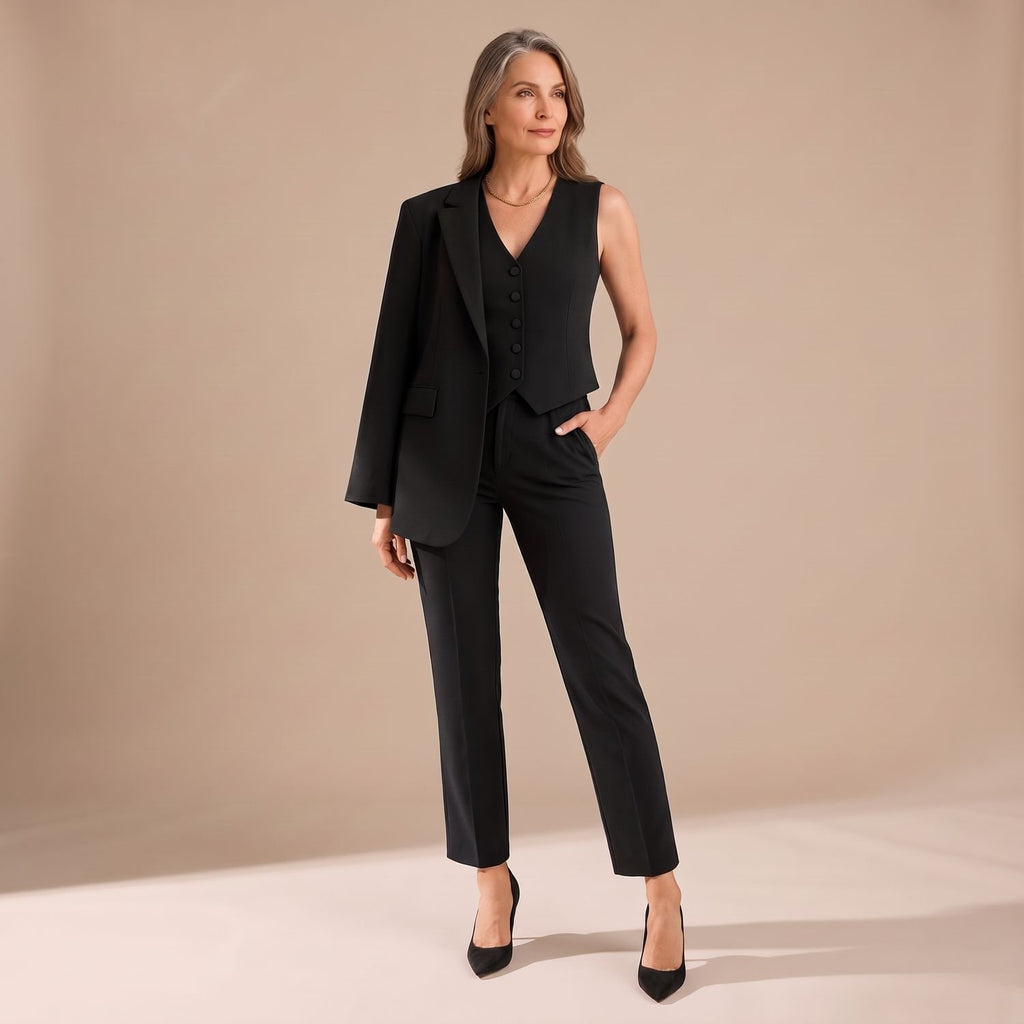 Women's 3 Piece Matching Set Tailored Blazer Vest Pants - Black