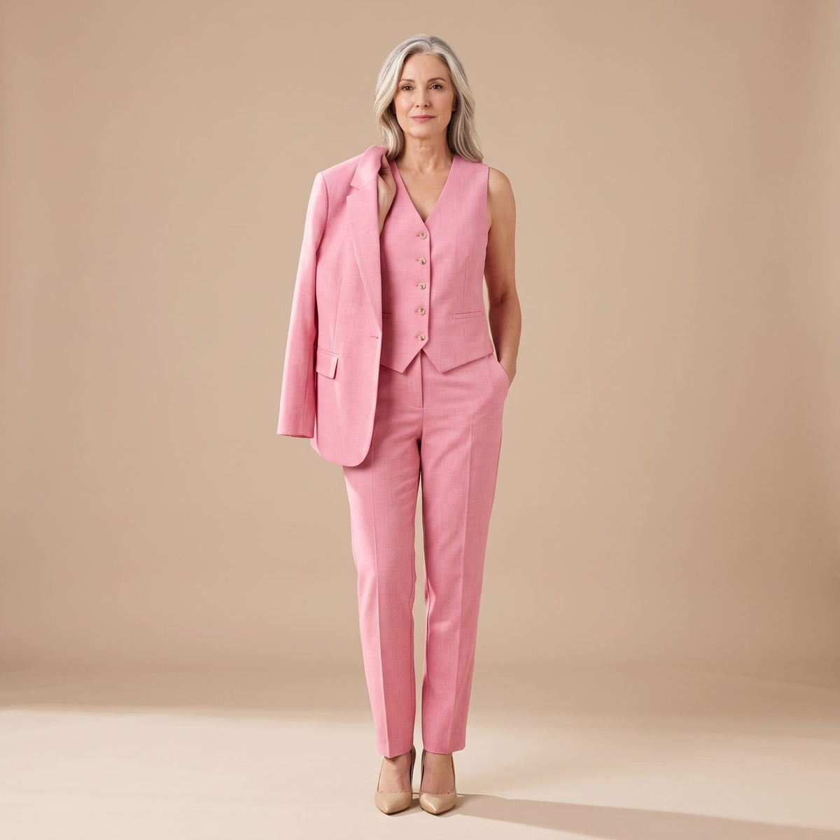 Women's 3 Piece Matching Set Tailored Blazer Vest Pants - Pink
