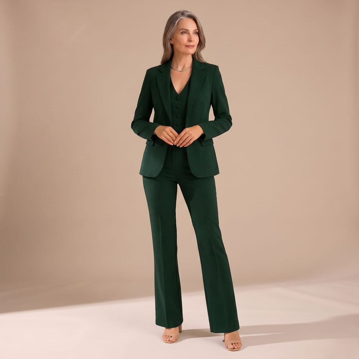 Women's 3 Piece Matching Set Tailored Blazer Vest Pants - Dark Green