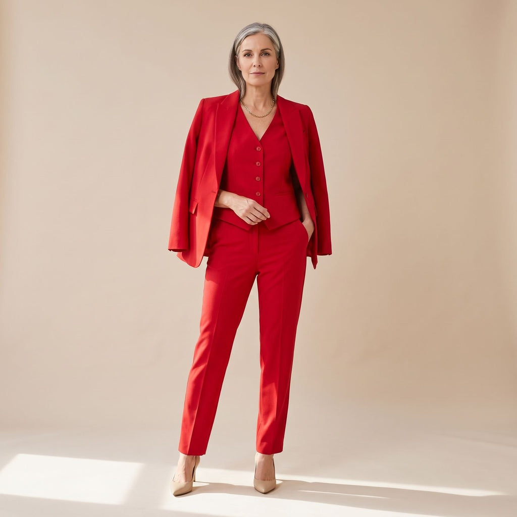 Women's 3 Piece Matching Set Tailored Blazer Vest Pants - Red