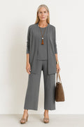 Women's 3-Piece Open-Front Longline Cardigan Pants Set - Grau