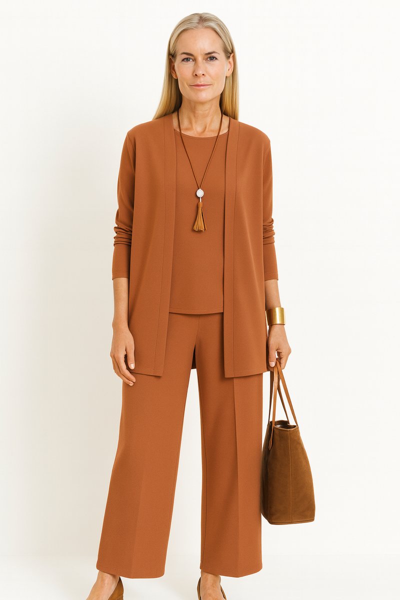 Women's 3-Piece Open-Front Longline Cardigan Pants Set - Hellbraun