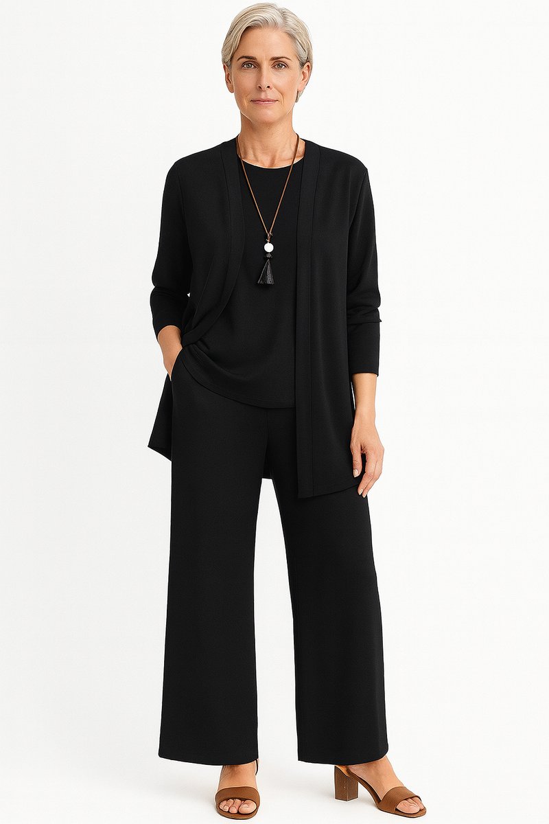 Women's 3-Piece Open-Front Longline Cardigan Pants Set - Schwarz