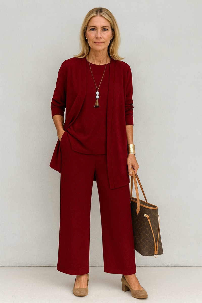 Women's 3-Piece Open-Front Longline Cardigan Pants Set - Rot