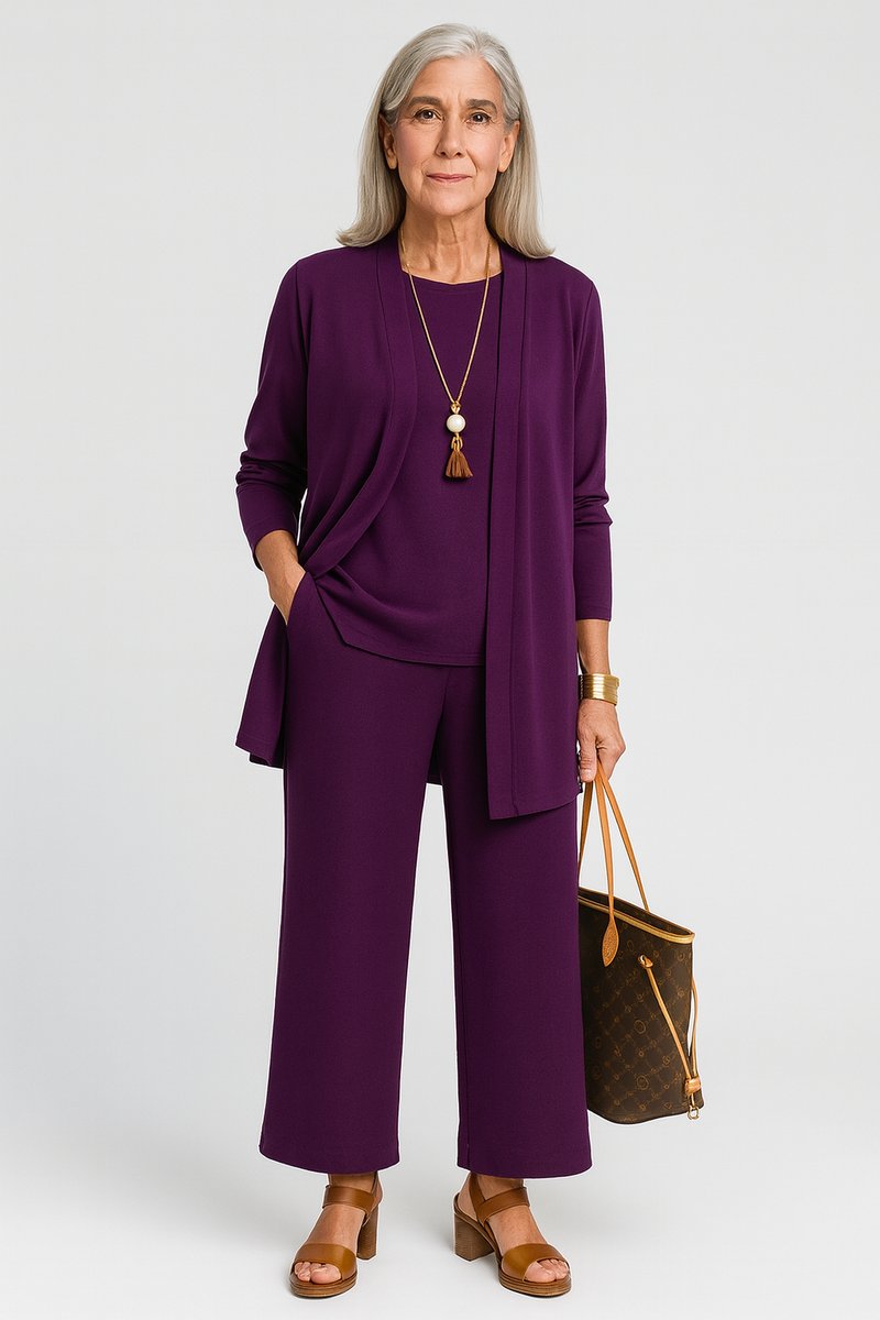 Women's 3-Piece Open-Front Longline Cardigan Pants Set - Lila