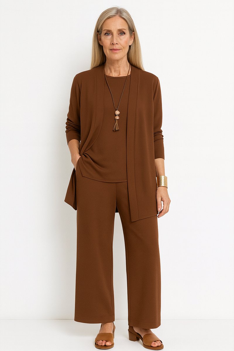 Women's 3-Piece Open-Front Longline Cardigan Pants Set - Braun