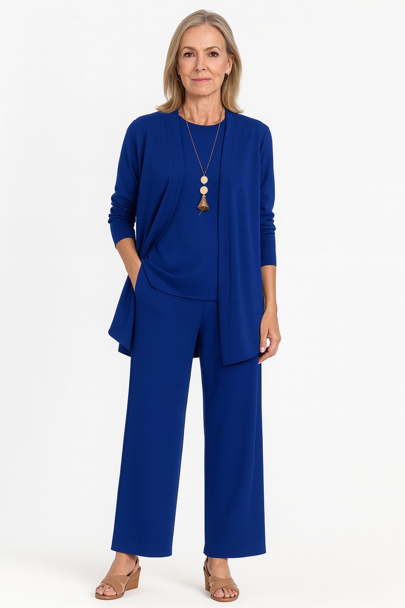 Women's 3-Piece Open-Front Longline Cardigan Pants Set - Blau