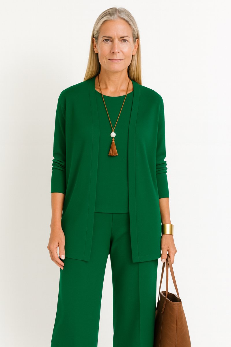 Women's 3-Piece Open-Front Longline Cardigan Pants Set - Grün